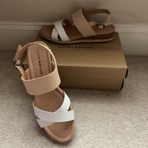 NEW Lucky Brand Waeka White Leather Slingback Wedge Sandals, Sz. 8M